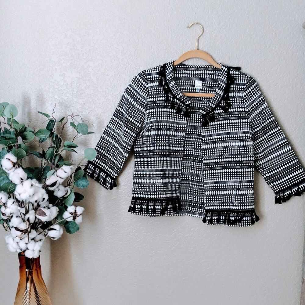 A.moon Black Tribal Print Open Knit Blazer Sz S